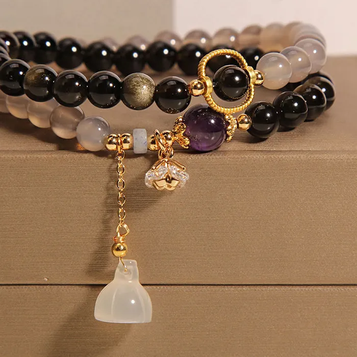 Authentic Natural Grey Agate Double Circle Crystal Bracelet Women Korean-style Fashionable All-match Gold Obsidian HandString Lotus Charms