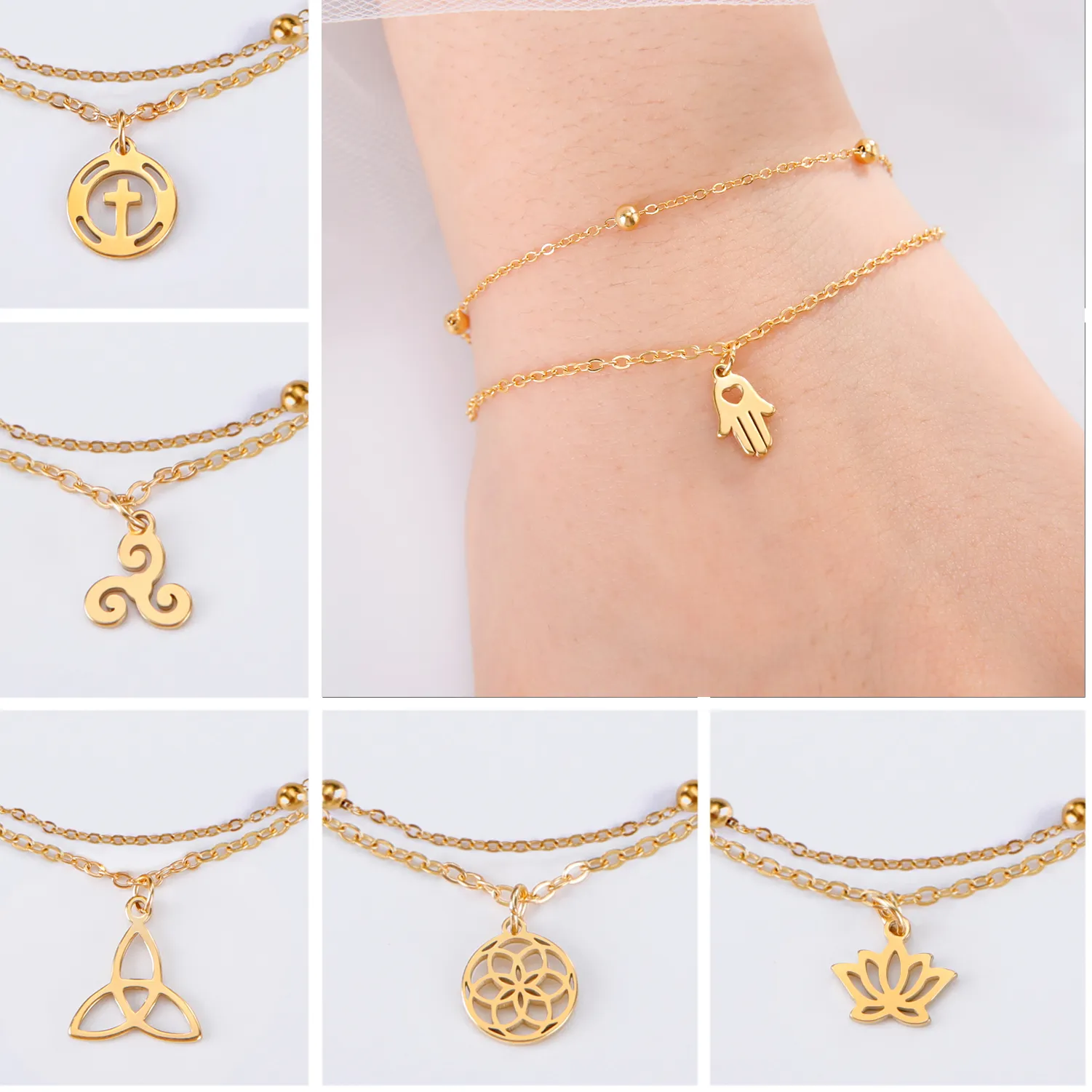 Authentic Unift Tiny Layer Chain Bracelet for Women Vintage Nordic Amulet Jewelry Lotus Irish Knot Hamsa Hand Charms