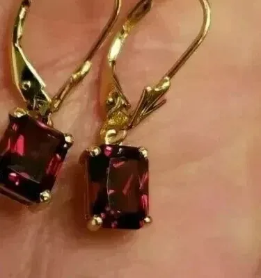 Authentic 3Ct Emerald Cut Lab Created Red Garnet Dangle Earrings 14k Yellow Gold Plated
