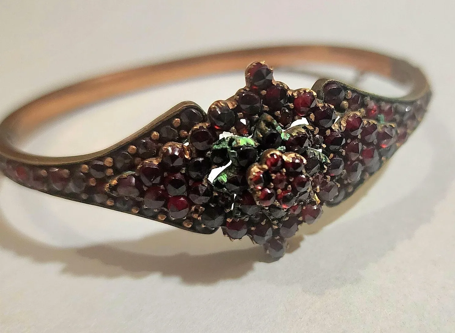Authentic Antique Victorian 7" Bohemian 14K Yellow Gold Plated Red Garnet Bangle Bracelet