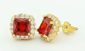 Authentic LAB CREATED 2.50 Cts GARNET & W/SAPPHIRES EARRING 14K YELLOW GOLD PLATED (.925)