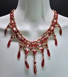 Authentic 18k Gold Plated Handcrafted Lava Inspired Gold Ruby Garnet Chandelier Necklace