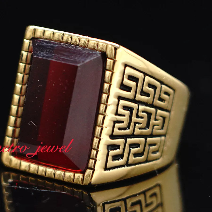 Authentic JXC Men's Gold Plated Tone Red CZ Garnet Birthstone Stone Ring For Men Size 7-15