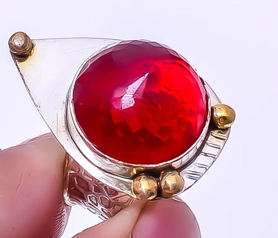 Authentic Garnet 925 Silver Plated Two Tone Gold Plated Ring s.6.5 A334