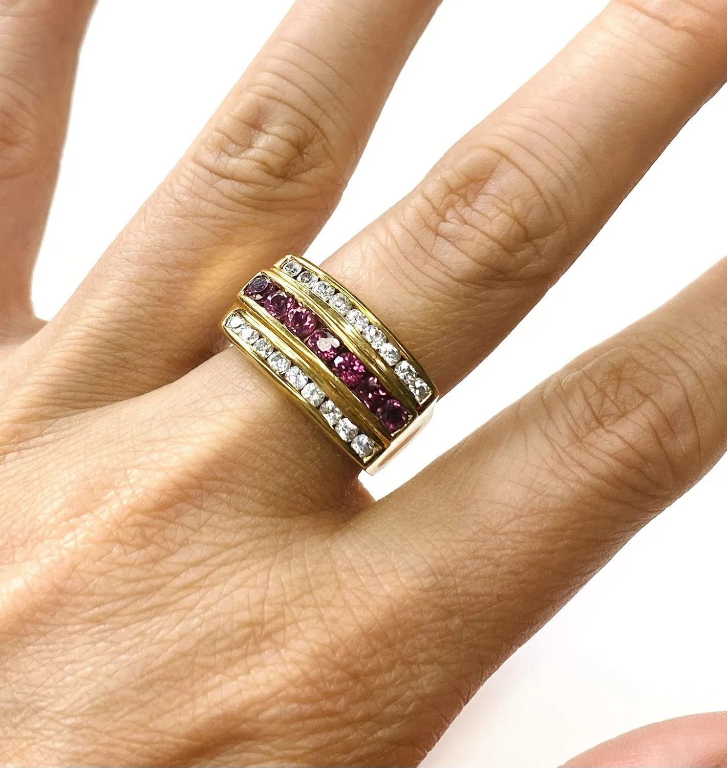 Authentic 925 Sterling Silver Gold Plated Real Garnet Clear CZ Three Row Ring Size 7