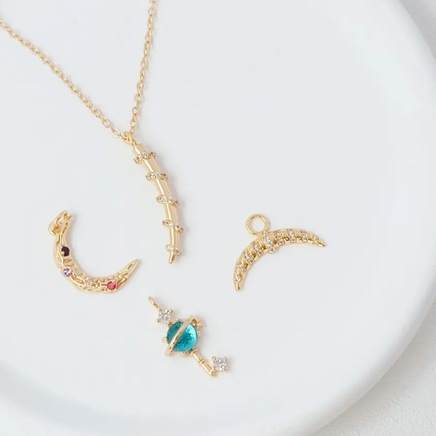 Authentic 14K Gold- Plated Micro- Inlaid Zircon Horn Moon Planet Pendant, Handcrafted Diy Bracelet Pendant Accessory