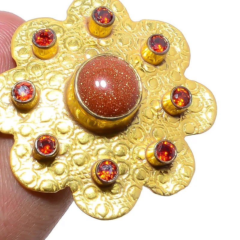 Authentic Golden Sunstone & Garnet Gold Plated Ring Size Adjustable (5467
