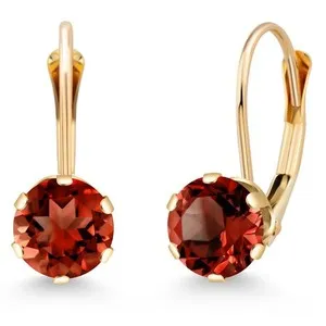 Authentic Garnet Gemstone Birthstone 18K Yellow Gold Plated Silver Leverback Earrings For
