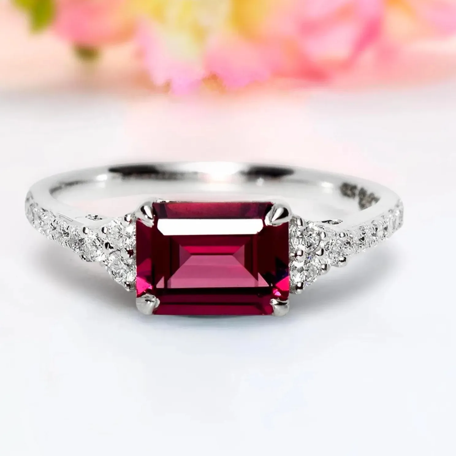 Authentic 2.69Ct Emerald Cut Simulated Garnet Fancy Anniversary Ring 14k White Gold Plated