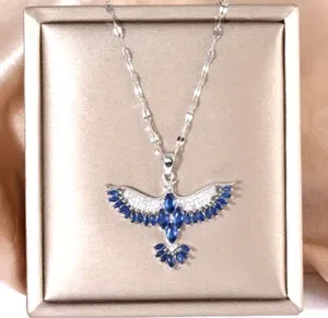 Authentic 18K Gold Plated Luxury Shiny Rhinestone Blue Phoenix Wing Necklace Women