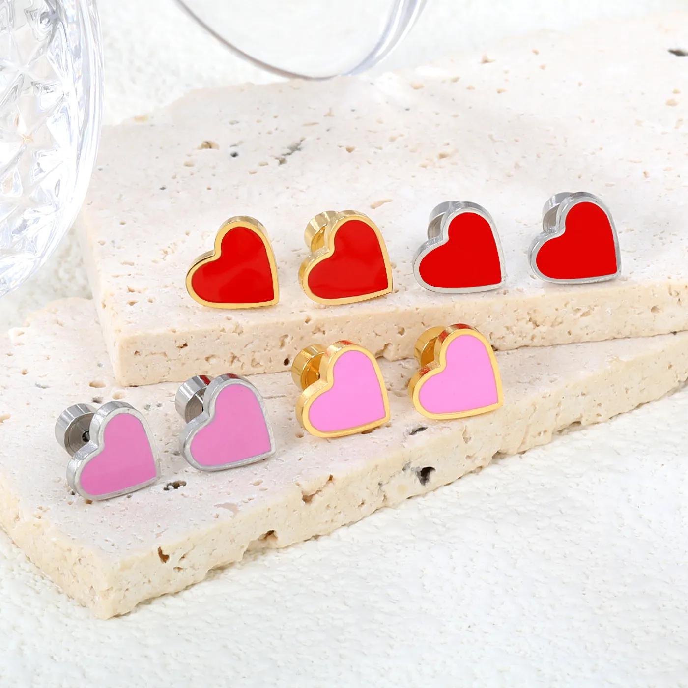 Authentic Luxukisskids Romantic Love Heart Red Pink Acrylic Small Stud Earrings Woman Surgical Press Piercing Jewelry