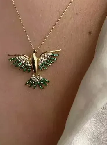 Authentic Rebirth Pendant Simulated Emerald Phoenix Bird Talisman In Gold- Plated Embrace