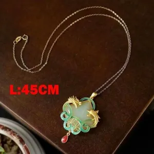 Authentic Jade Dragon Phoenix Shape Pendant Jewelry 18K Gold Plated Necklace 45CM USA