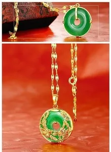 Authentic 4K Gold Plated Dragon Phoenix Pendant Malaysia Jade Jewelry Chain Necklace 1"