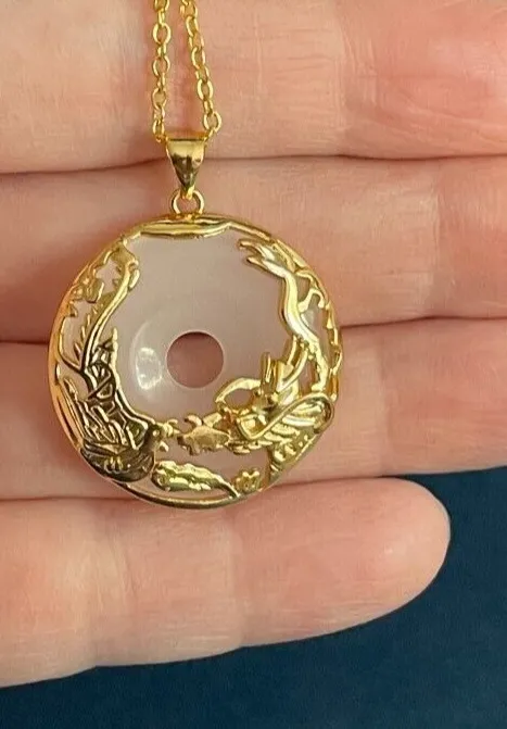 Authentic Dragon Phoenix Jade Chalcedony Donut Pendant Necklace, 24k Yellow Gold Plated
