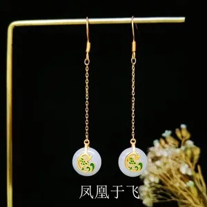 Authentic Court Style Gold Plated Enamel Inlaid White Jade Phoenix Safety Earrings