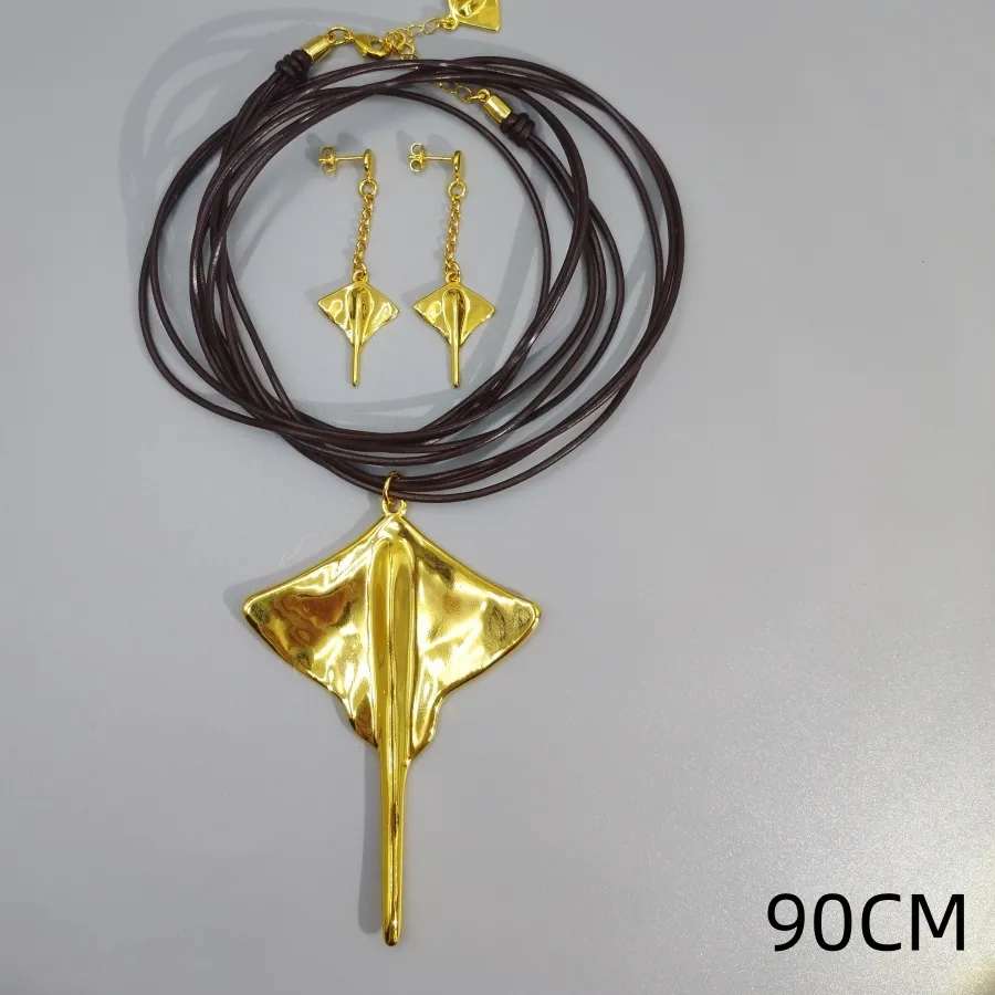 Authentic Celestial Manta Ray Duo – Gold‑Silver Earrings & Leather Rope Necklace