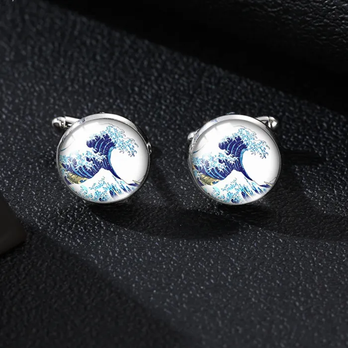 Authentic 2023 Arrival Sea Ocean Great Wave Sunset Scenery Paintings Glass Dome Round Cufflinks Handmade Jewelry Cufflinks