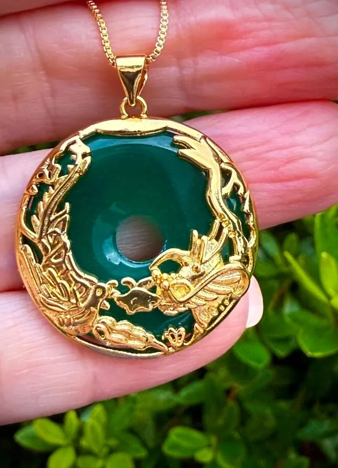 Authentic Dragon Phoenix Harmony: 24k Gold Plated Jade Chalcedony Amulet