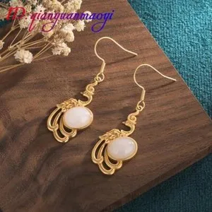 Authentic Natural Jade Phoenix Earrings Real Jewelry 18K Gold Plated Stone Talismans