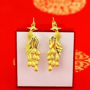 Authentic Gold Plated Phoenix Drop Earrings Chinese Wedding Jewelry Women