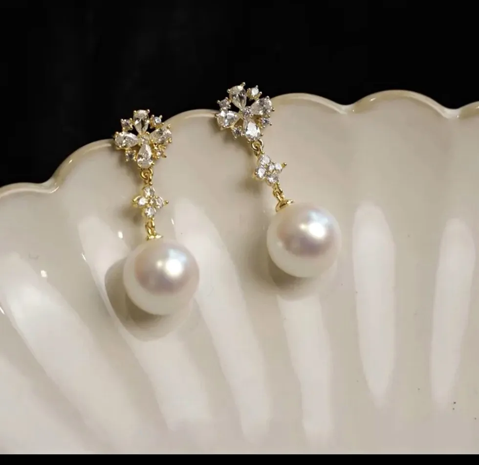 Authentic Gold Plated Crystal Cluster Dangle Drop Earrings White Round Pearl Butterfly