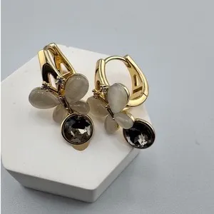 Authentic 14K Gold Plated Butterfly Cat's Eye Stone Smoky Crystal Lever Back Drop Earrings