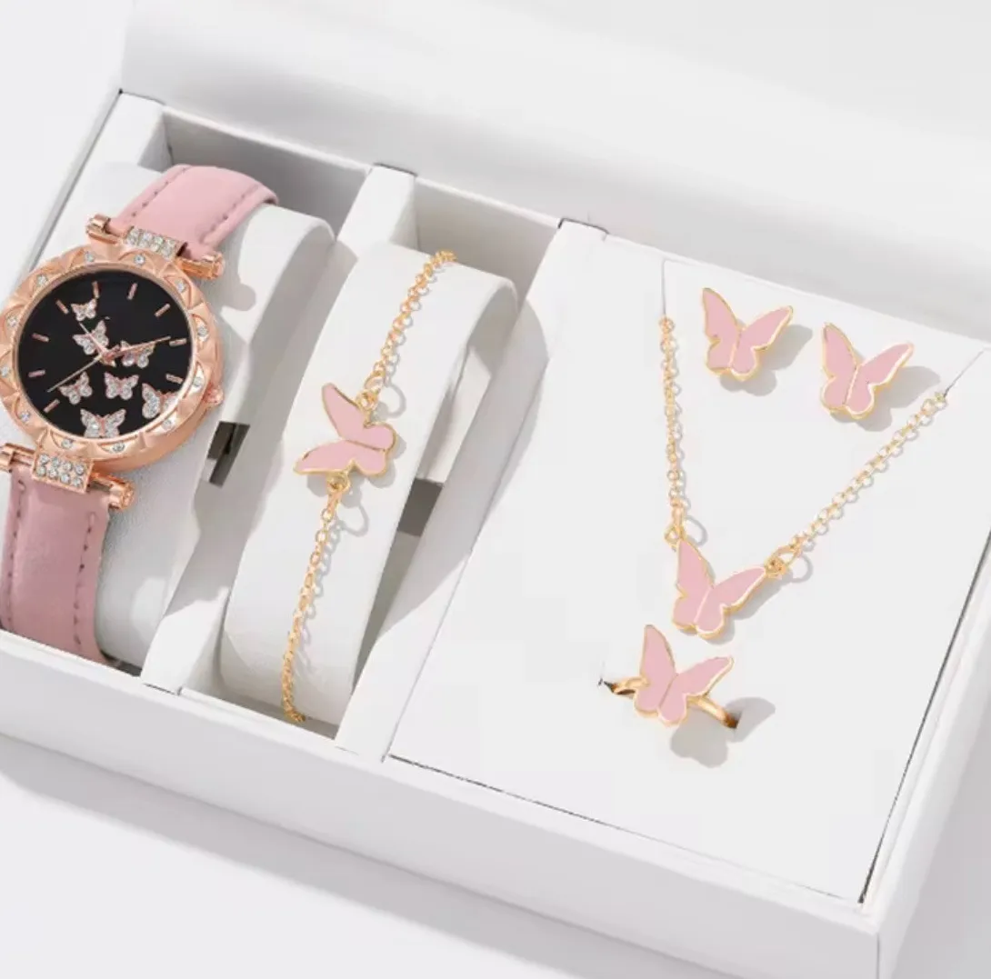 Authentic 5PCS Women's Butterfly Gold Plated Jewelry Set Watch Ring Necklace Earrings Brac