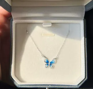 Authentic 18K White Gold Plated CZ Blue Enamel Butterfly Silver Necklace Choker I41