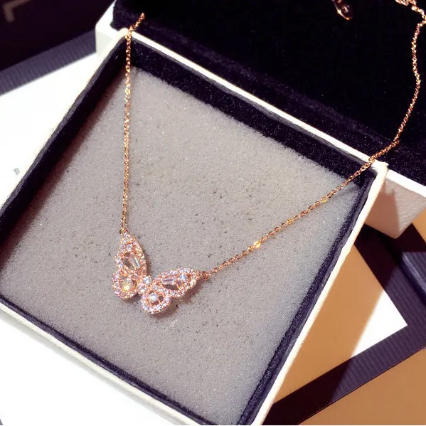 Authentic Rose gold Plated Sterling Silver Butterfly pendant chain necklace Box PE50