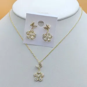 Authentic Blooming Protection - 14K Gold Plated CZ Flower & Butterfly Pendant & Earrings Set