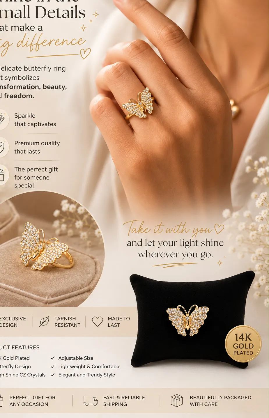 Authentic Wings of Serenity: 14K Gold Plated Butterfly Ring for Women