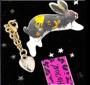 Authentic Gold Plated Red Crystal Gray & White Bunny Rabbit Necklace/Brooch