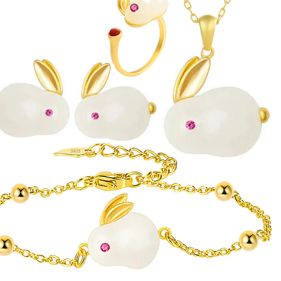 Authentic 18K Gold Plated Women Jewelry Set Jade Rabbit Bracelet Necklace Earrings Rings