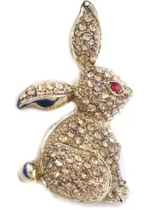 Authentic Cute Little Bunny Rabbit Pin Brooch Gold Plated with Gold Rhinestone Red Eyes