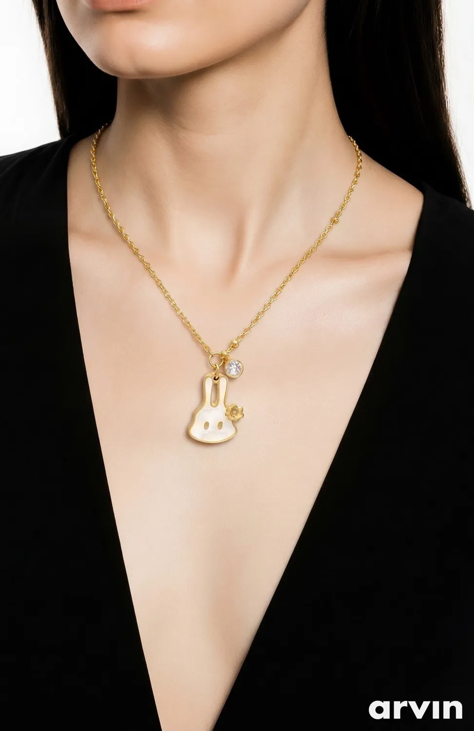 Authentic  18k Gold Plated Stainless Steel Rabbit Charm Pendant Necklace Crystal