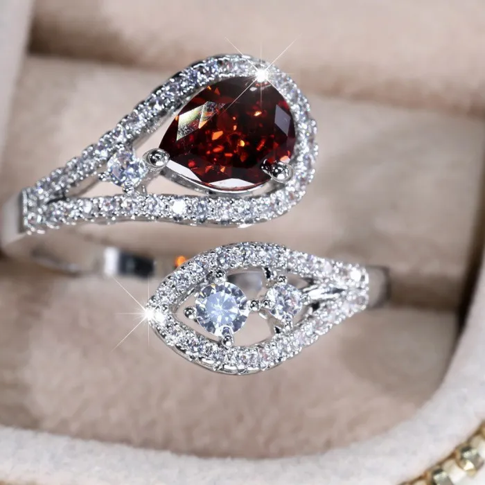 Authentic High- End Water Droplet Pomegranate Red Opening Cross Ring, Personalized And Fashionable Jewelry