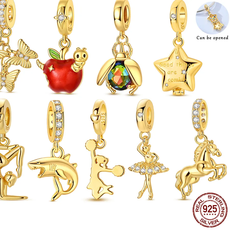 Authentic Original 925 Silver Gold Charms Beads Fit Bracelet DIY Butterfly Horse Stars Beetle Pendant for Woman Jewelry