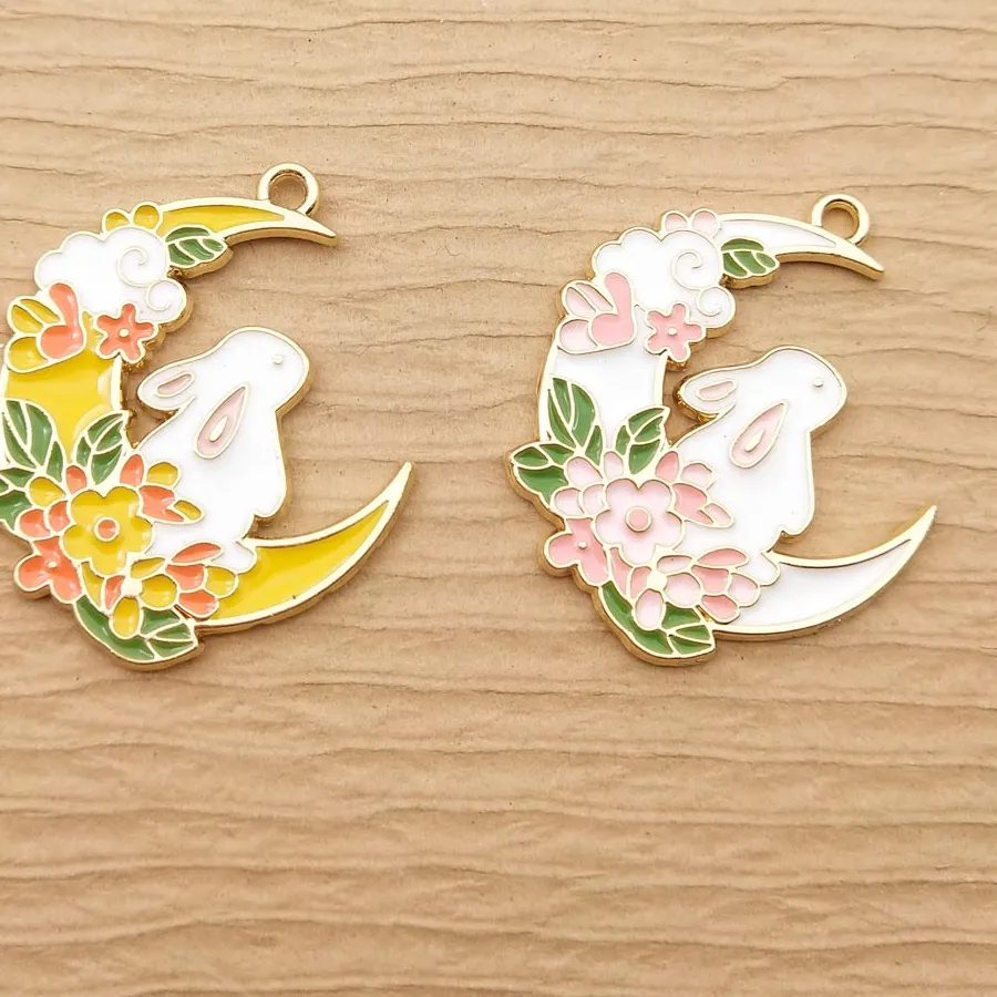 10pcs Moon Rabbit Charm for Jewelry Making Enamel Pendant Diy Accessories Zinc Gold Plated
