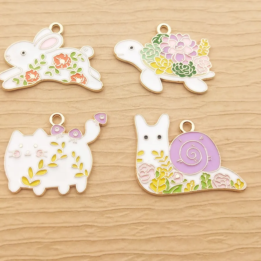 10pcs Flower Rabbit Turtle Snail Cat Charm for Jewelry Making Enamel Necklace Pendant Diy Craft Supplies Accessories Gold Plated