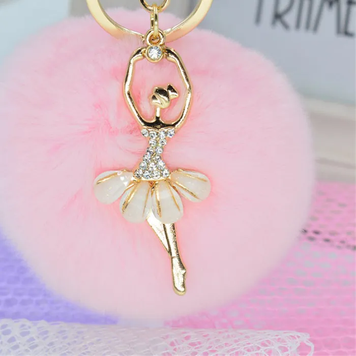 Authentic Crystal Ballet Girl Charms Key Chain Women Fluffy 8CM Faux Rabbit Fur Ball Pompom Keychain On Bag Trinket Wedding Party Gift