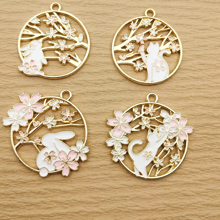 10pcs Cute Flower Rabbit Cat Charm for Jewelry Making Enamel Necklace Earring Pendant Diy Accessories Metal Gold Plated
