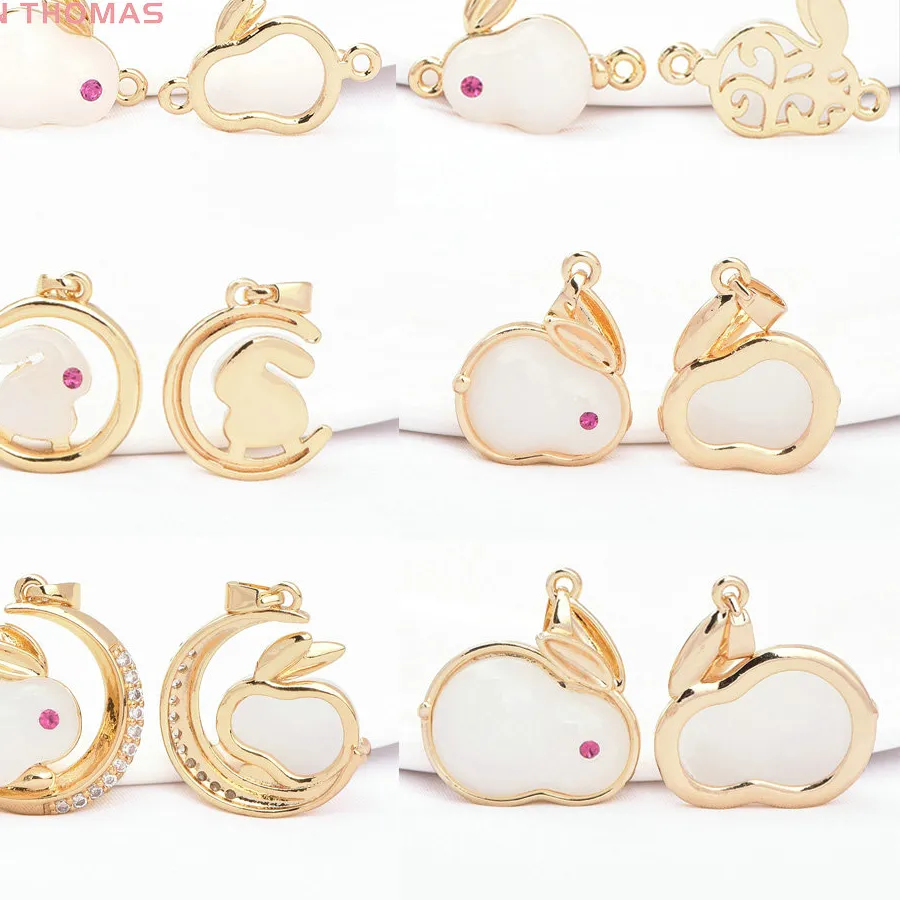 (8333) 24K Gold Color with Zircon Jade Rabbit Shaped Pendants High Quality Diy Jewelry Making Findings Accessories