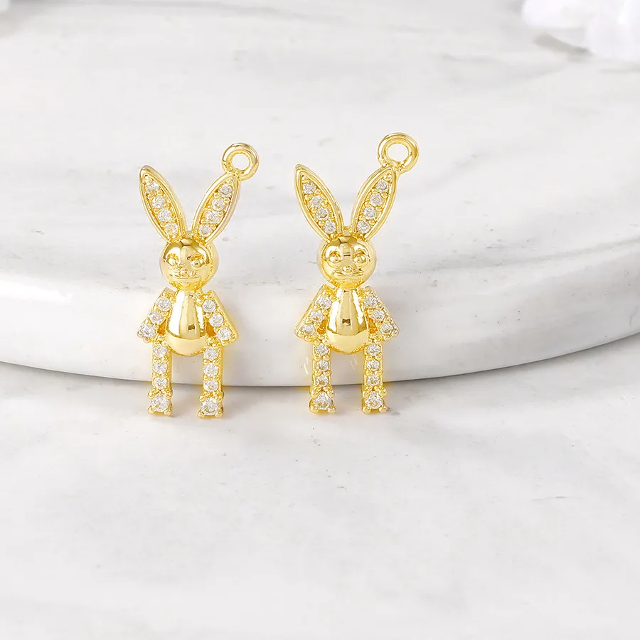 (1151)9x20MM Hole 1.5MM 24K Gold Color with Zircon Rabbit Charm Pendants for DIY Jewelry Making Findings Accessories