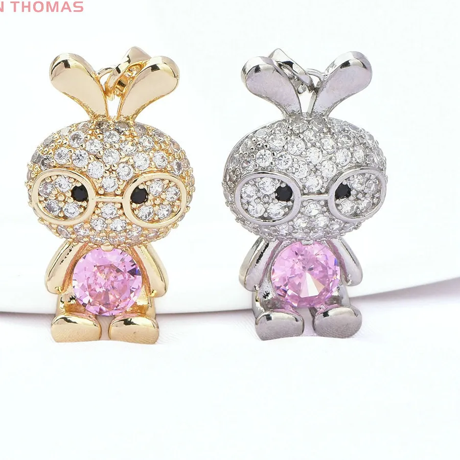 (8466) 2PCS 14.5x25.5MM 24K Gold Color with Zircon Glasses Little Rabbit Shaped Pendants DIY Jewelry Making Findings