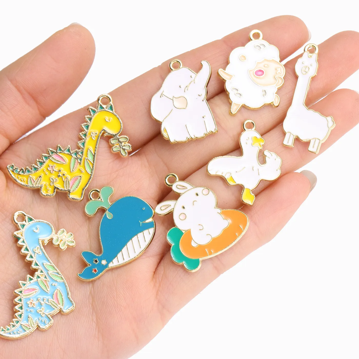 Authentic 10Pcs Gold Color Alloy Animal Charms Elephant Dinosaur Rabbit Enamel Pendant Jewelry Making Supplies DIY Keychain Decoration