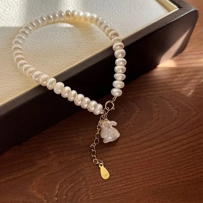 Authentic 100% Natural Freshwater Pearl Sweet Rabbit Animal 14K Gold Filled Female Charm Bracelet Jewelry Women Party Gifts No Fade 2027