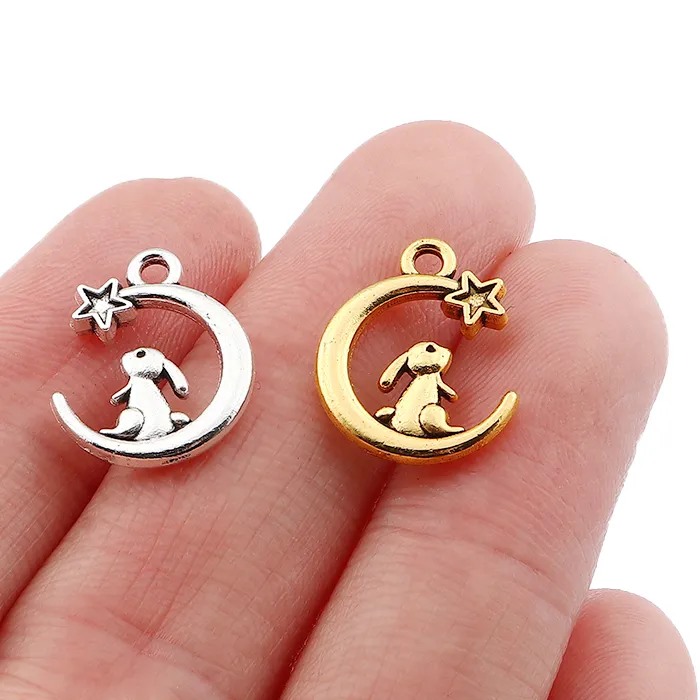 50PCS Silver/Gold Color Cute Bunny Rabbit On Crescent Moon Charms Pendants 2 Sided For Bracelet Necklace Earring Jewelry Making