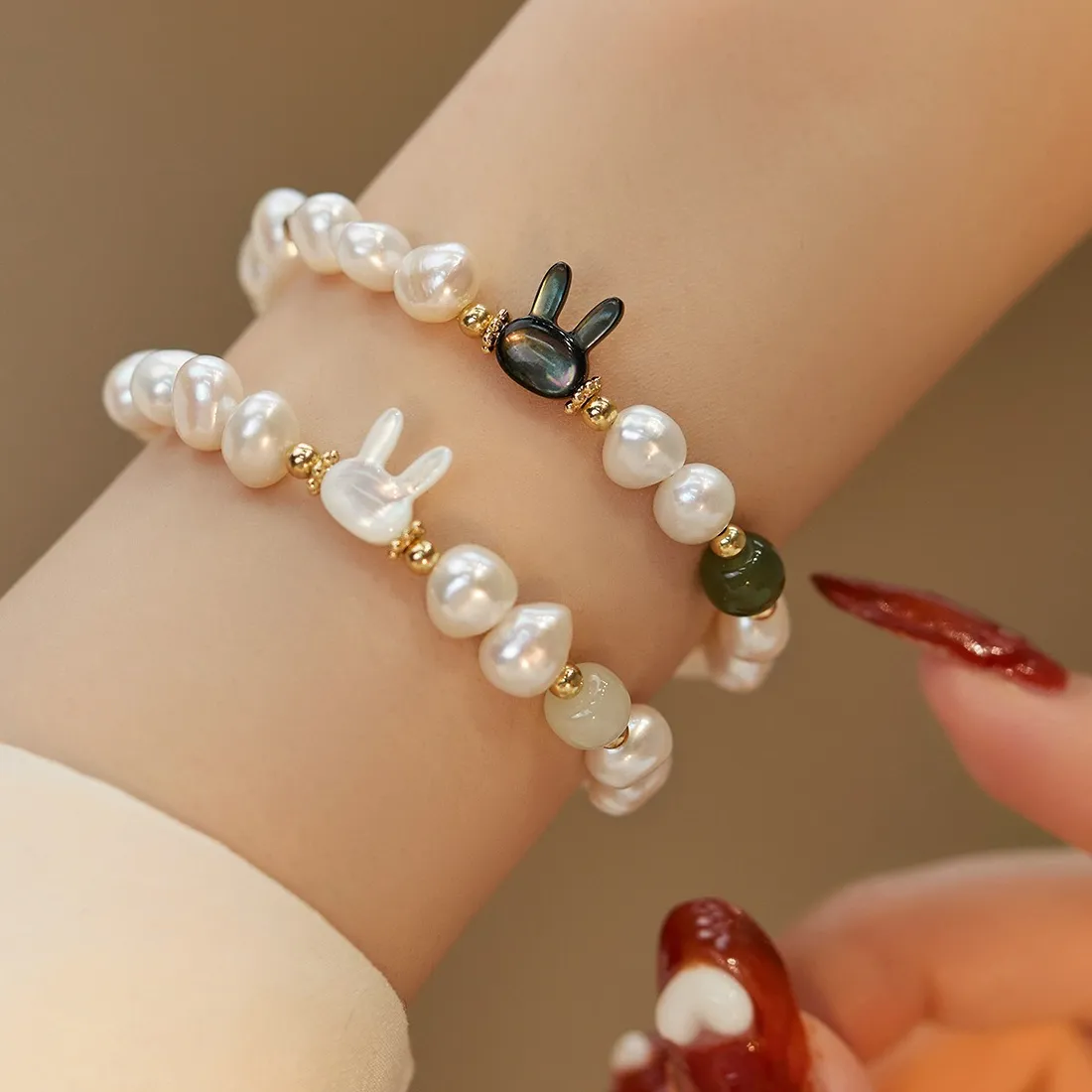 Authentic Arrival Sweet Rabbit Animal 100% Natural Freshwater Pearl & Jade Stone 14K Gold Filled Female Charm Bracelet Jewelry Gifts