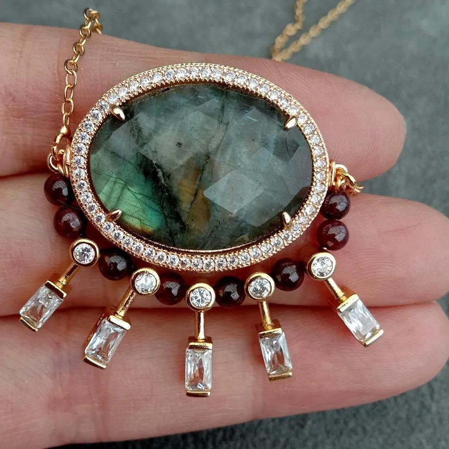 YYGEM Natural 2x30mm Labradorite Garnet Cz Beads Faceted Gemstone Gold Plated Chain Necklace